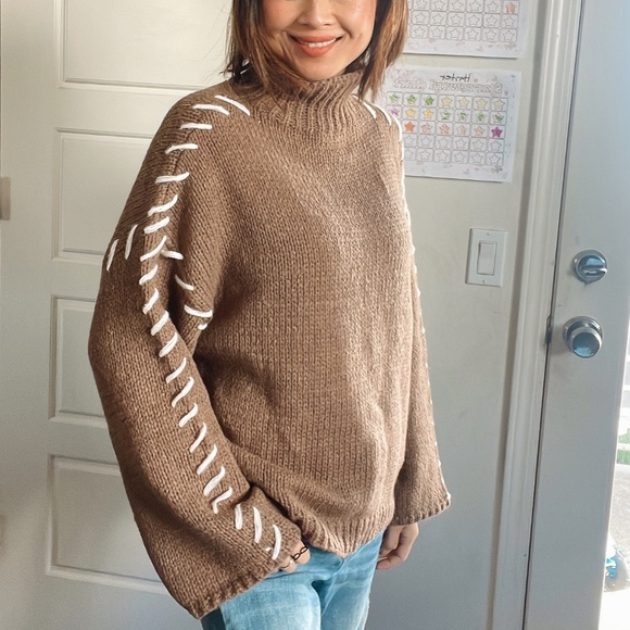 Cozy Mocha Brown Stitched Detail Turtleneck Sweater Top - Picture 4 of 13